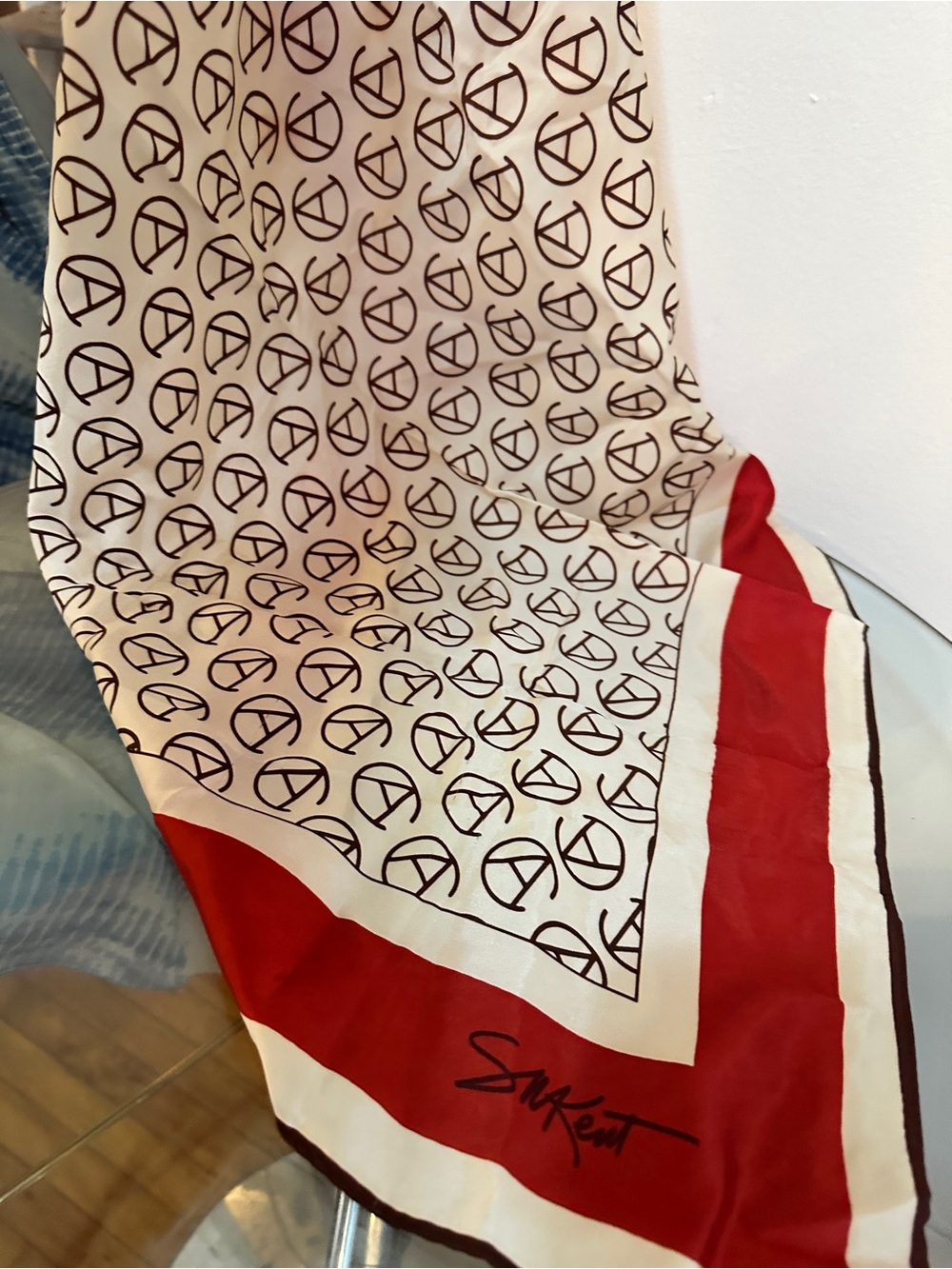 Avon Ivory Scarf with Red Border and Brown Monogram Print. Made in Japan